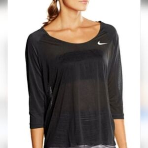 Nike Cool Breeze Dri Fit Sheer 3/4 Sleeve Top Black Scoop Neck Size Medium